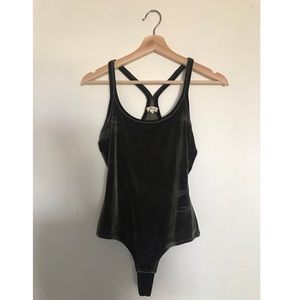 Madewell Velour Thong Bodysuit, dark olive, size S